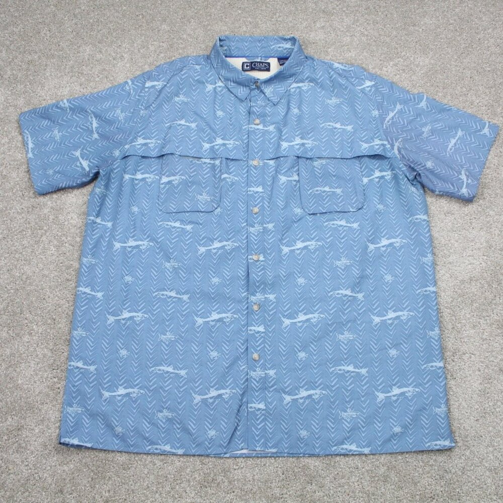 Chaps AOP Shirt Mens XL Blue Quick Dry All Over Shark Print S/S Snap Collar